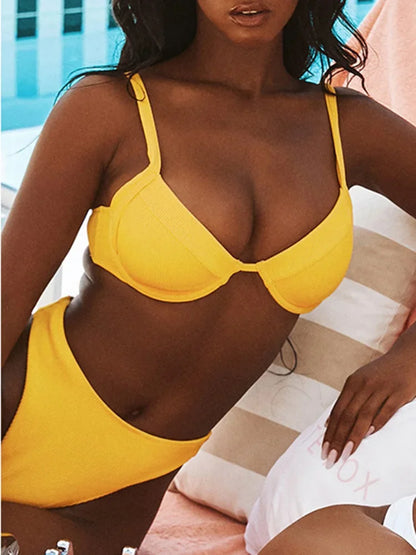Ribbed Bra Cup High Waist Bikini Women Swimsuit Female Swimwear Two Pieces Bikini set Push Up Bather Bathing Suit Swim Lady