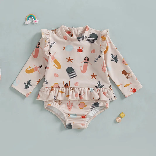 Baby Girls Long Sleeve Swimsuit Beachwear Ocean Elements Print Ruffle Toddler Infant Bathing Suit Swimwear