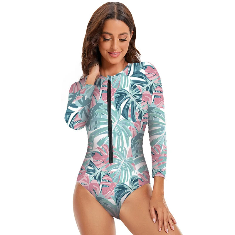 Womens Athletic One Piece Swimsuits Rashguard Long Sleeve Swimsuit Sports Surfing Swimwear Bathing Suits Printed Half Zipper XXL