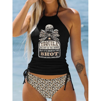 Women's Bathing Suit Coconut Drawstring Side Halter Neck Tankini Set Summer Beach Wear Cute Swimwear Women Swimsuit Bikini