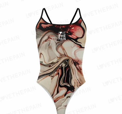 A one-piece swimsuit with a marble-like print in black, white, and red colors, featuring the text 'LOVE THE PAIN' on the back.