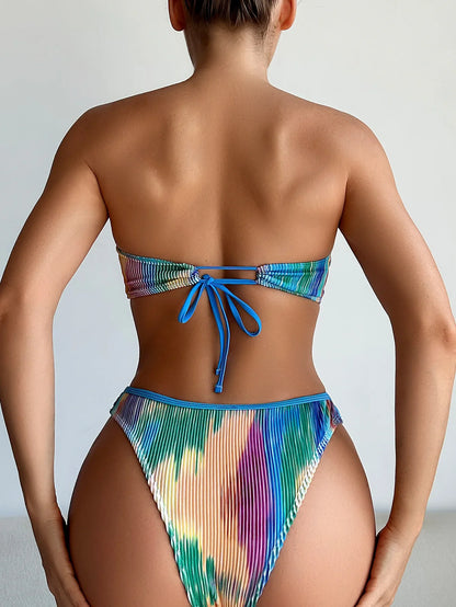 Tie Dye Print Women's Swimsuit Strapless 2-Piece Bikini,colorful Backless Bathing Suit High Waist Beach Swimwear