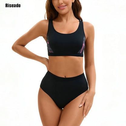 Women's High Waisted Bikini Set Sporty 2 Piece Bathing Suit Modest Racerback Swimsuit Scoop Neck Tank Midkini