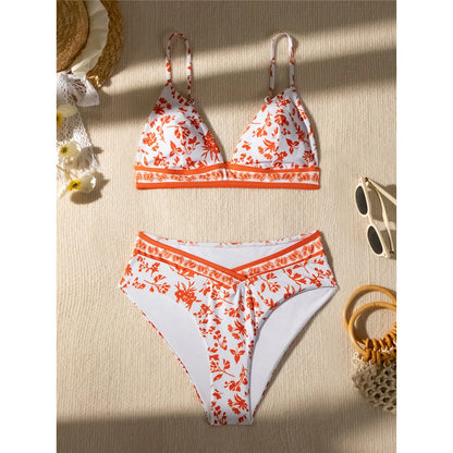 Flowers Printed High Cut Mid Waist Bikini Female Swimsuit Women Swimwear Two-pieces Bikini set Bather Bathing Suit Swim