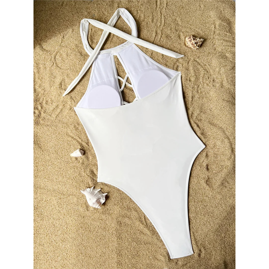 S - XL 7 Colors Lace Up High Neck Full Back Women Swimwear One Piece Swimsuit Female High Leg Cut Bather Bathing Suit Swim