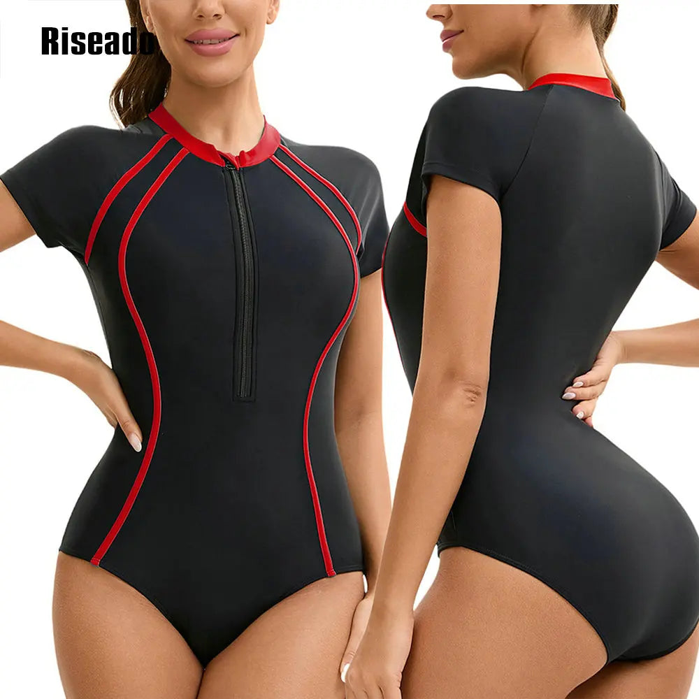 One Piece Swimsuit Mock Neck Zipper Short Sleeve Bathing Suit for Athletic beach clothes for lady