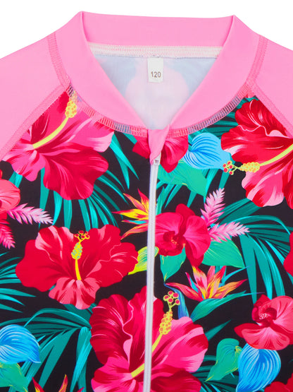 Girls Swimsuit One Piece Long Sleeve Floral Print Swimwear Beach Pool Kids Tween Swim Summer Bikini Cut Bottom Contrast Color