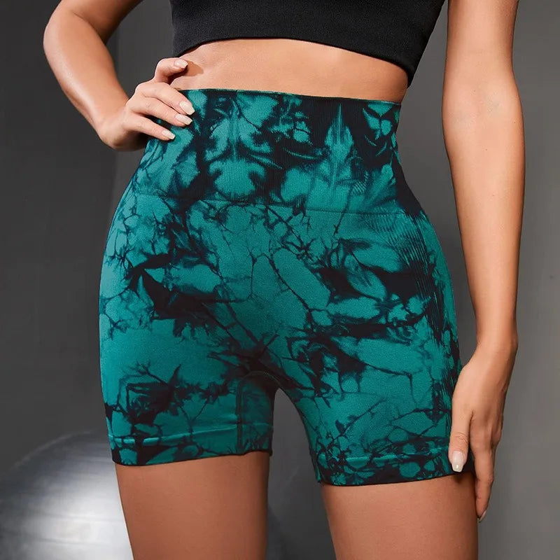 High Waisted Tie Dyeing Yoga Shorts Women's Scrunch Butt Seamless Leggings Quick Drying Athletic Workout Gym Bottoms