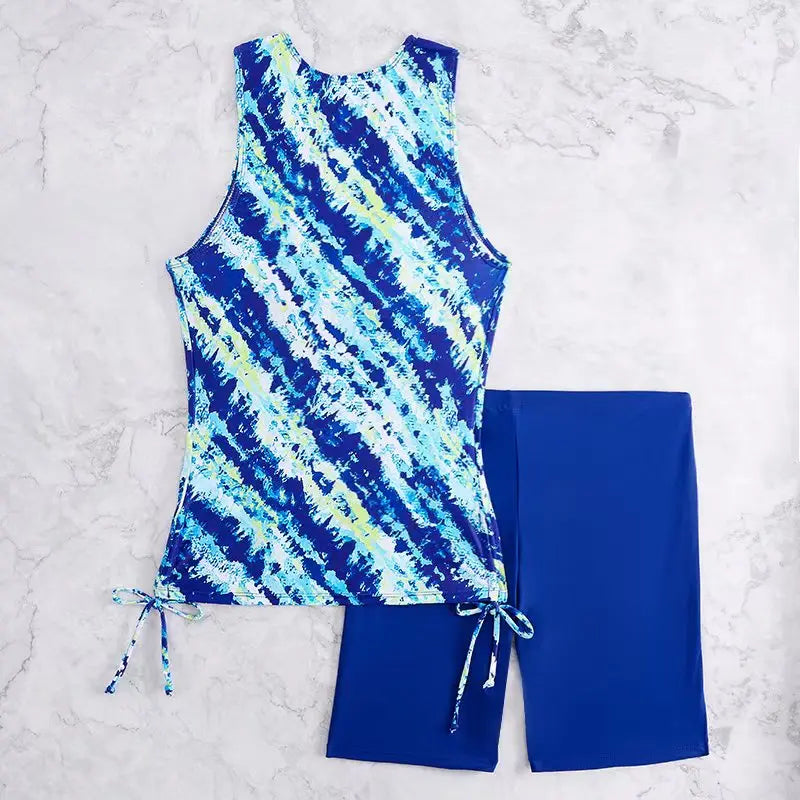 Printed Tankini Set Two Pieces Swimsuit Women Drawstring Swimwear Female & Long knee Shorts Bathing Swimming Swim Suit