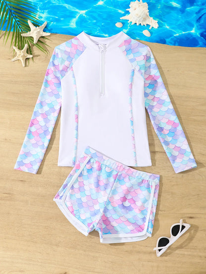 Girls Swimsuit Pink Long Sleeve Rash Guard Shirts Children Swimwear Summer Kids Beach Wear Shorts Quick-Dry Bathing Suit