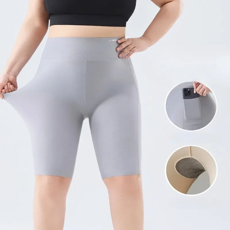Women Big Size Five Point Shorts Pocket Shark Pants High Waist Stretchy Workout Running Cycling Yoga Fitness Shorts Summer