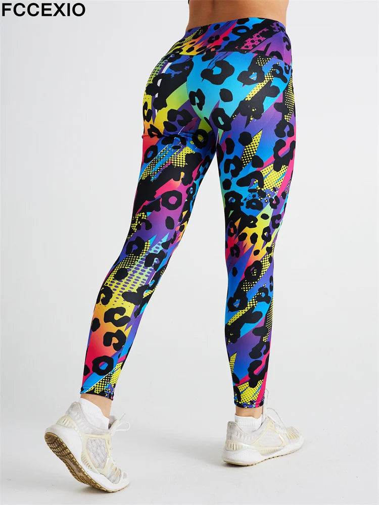 FCCEXIO Pink Leopard 3D Print Women Pants Push Up Running Sports Leggings Slim Pants Female Casual Trousers Fitness Leggings