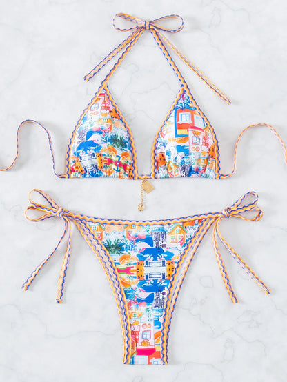 Triangle Bikini Set - Floral Print Push Up Swimsuit & Brazilian Bottoms