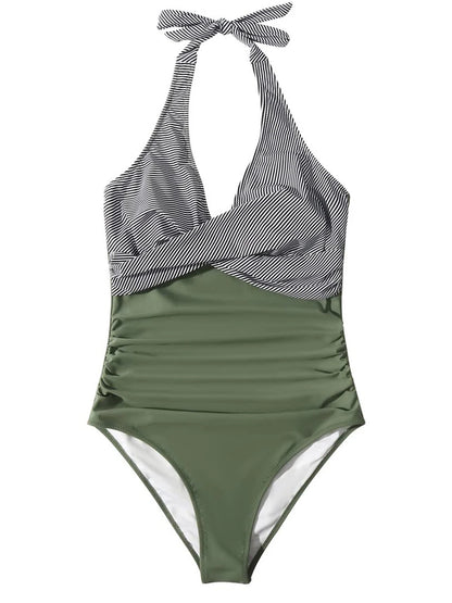 Halter Swimsuit Women One Piece Printed Cross Smocked Swimwear Female Bodysuit Bathing Swimming Suit Padded Beachwear