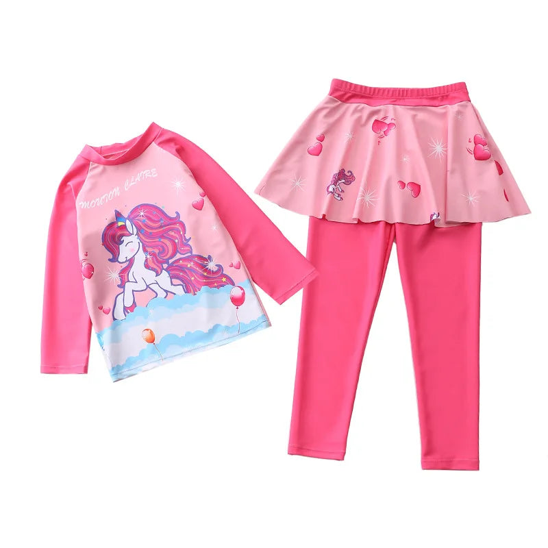 Unicorn Mermaid Kids Swimwear for Girls Long Sleeve Rash guard Pants Leggings Modest Children's Swimsuit Bathing Suit Beach Wear