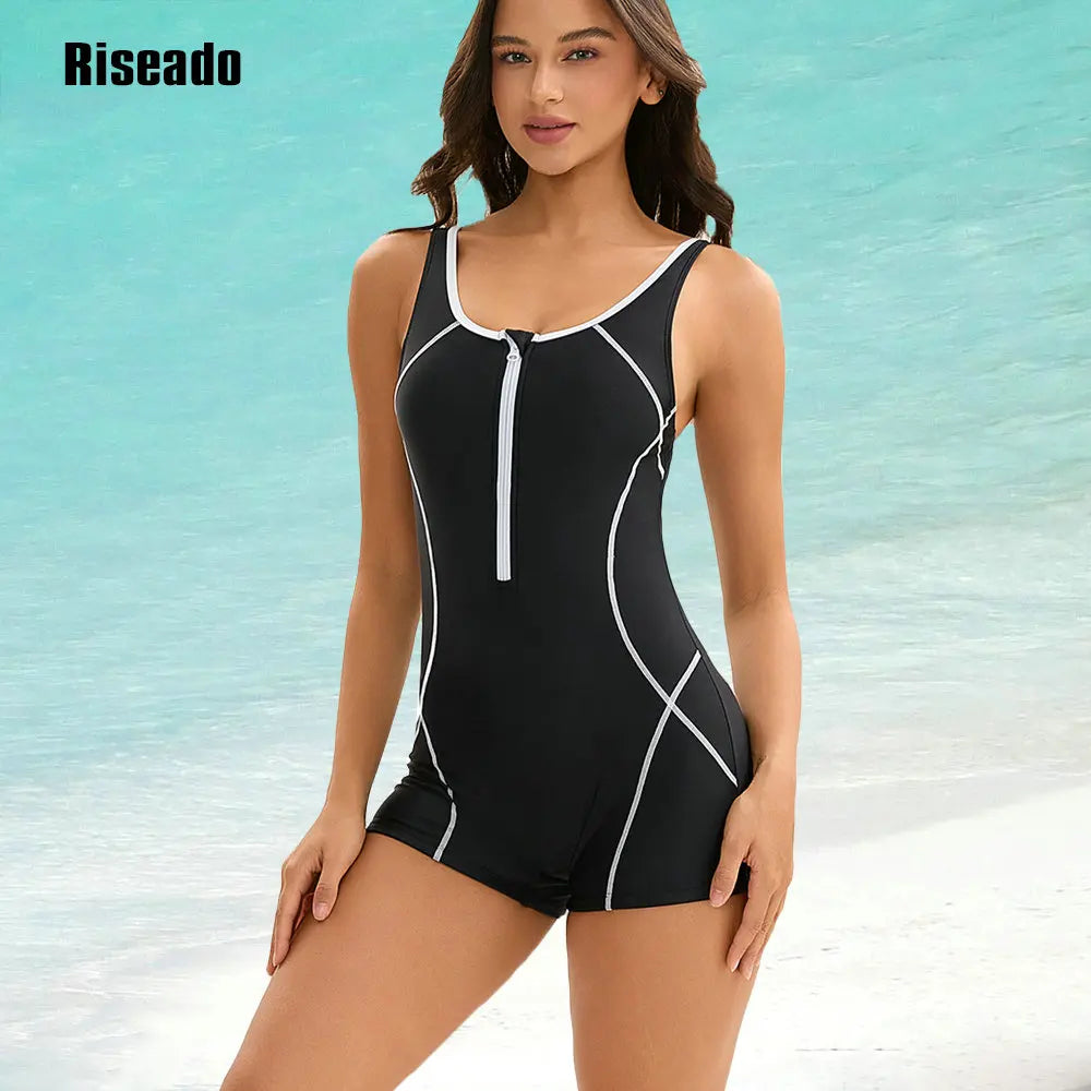 Women One Piece Swimsuit Front Zipper Sports Bathing Suits Athletic Rash Guard Swimwear