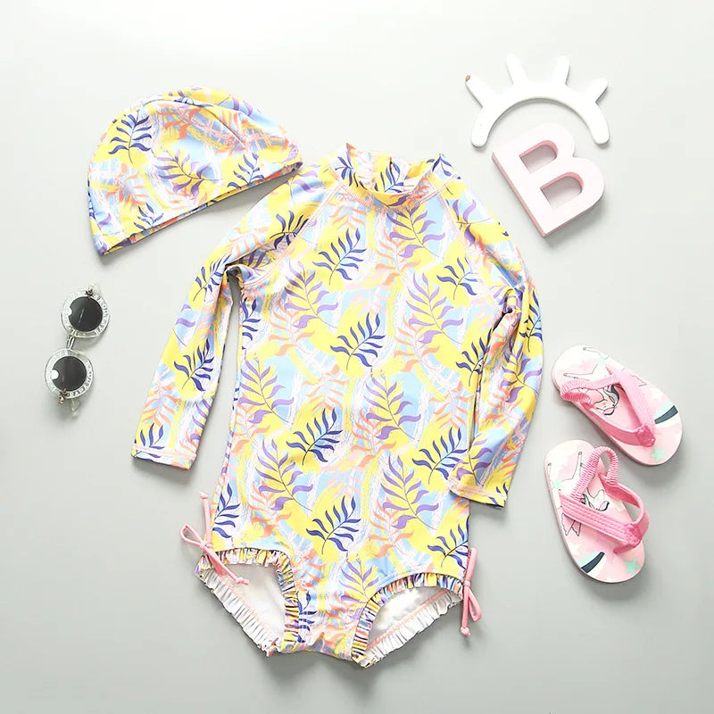 UPF50 Girls Swimwear Long Sleeves Floral Baby Swimsuit UV Protection Children's Swimming Suit Beach Summer Toddler Bathing Suit