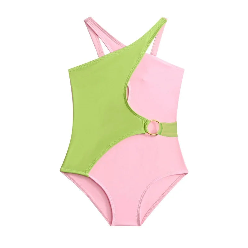 Pink Girls One Piece Swimsuit 5-14 Year Kids Swim Suit Teenage Children's Swimwear Criss Cross Bathing Suits Beach Bodysuit