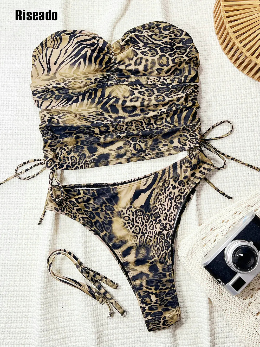 Womens Bandeau Bikini Set Strapless Leopard Two Piece Lace Up Bathing Suits High Waisted Swimsuits Beach Bikini