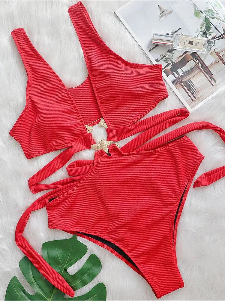 Leaves Printed High Cut Out Women Swimwear One Piece Swimsuit Female High Waist Monokini Bather Bathing Suit Swim Lady