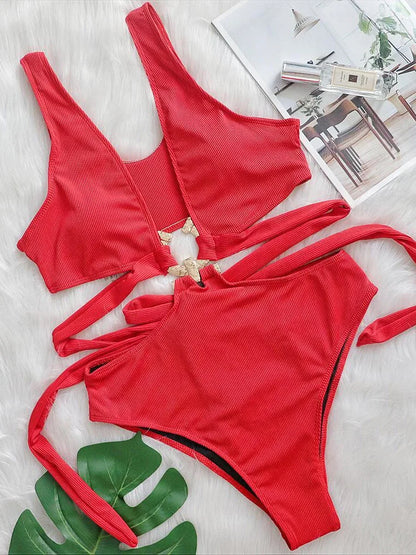 Leaves Printed High Cut Out Women Swimwear One Piece Swimsuit Female High Waist Monokini Bather Bathing Suit Swim Lady