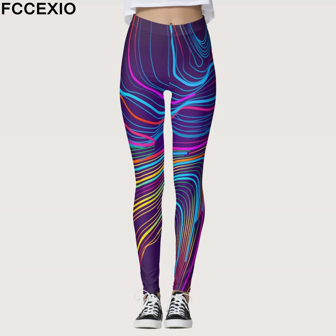 FCCEXIO Summer Geometric Graffiti Print Women's Sports Leggings High Waist Running Tight Fitness Workout Yoga Gym Pants S-3XL