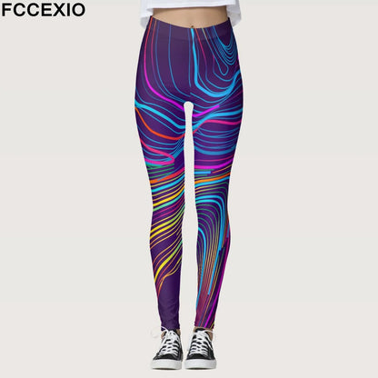 FCCEXIO Summer Geometric Graffiti Print Women's Sports Leggings High Waist Running Tight Fitness Workout Yoga Gym Pants S-3XL