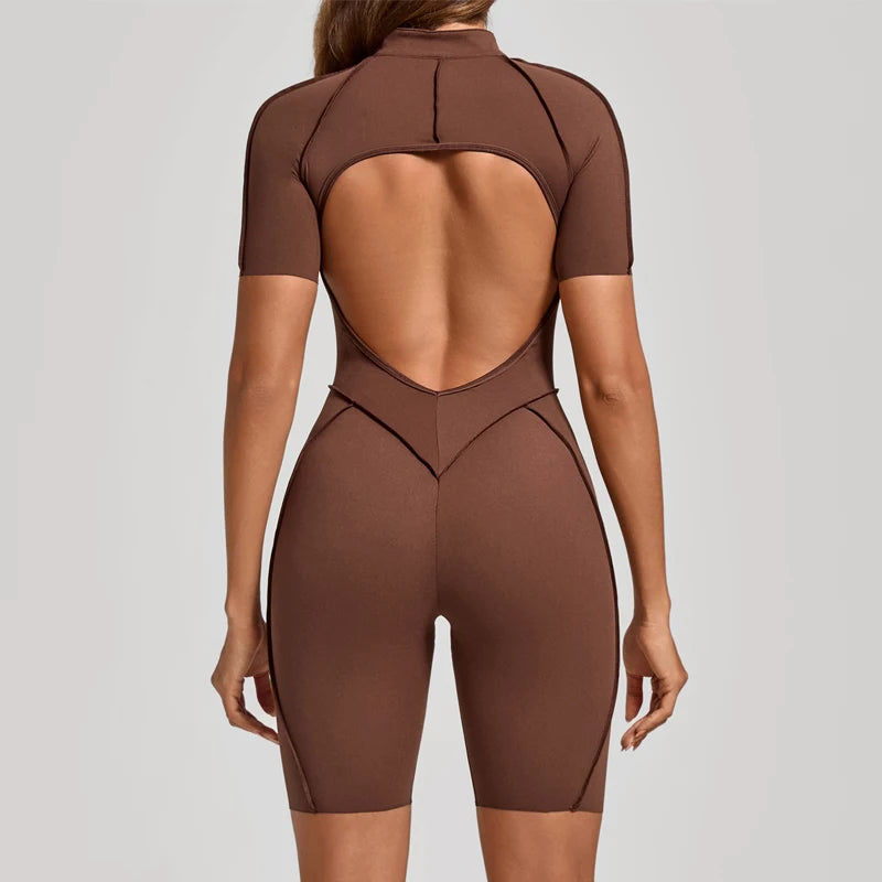 Women's Short-Sleeve Zip-Front Open-Back Workout Playsuit