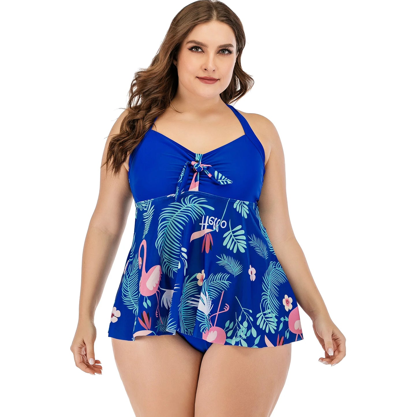Flaming Tropical Print 2 Piece Plus Size Tankini Set Women Halter Curvy Dress Swimsuit High Waist Beach Lady Big Bathing Suit
