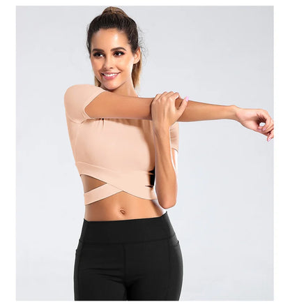 Aiithuug Waist Yoga Short Sleeve Crisscross Waist Breathable Gym Shirts Sports Tops Workout Fitness Crop Top Yoga Top