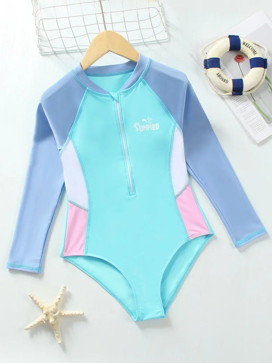 One Piece Kids Girls Swimsuit Solid Long Sleeves Bodysuit Children Swimwear Summer Monokini Beach Bathing Suit Swimming