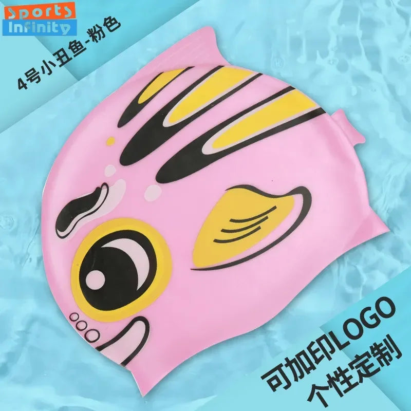 Children's Swimming Caps Waterproof Cartoon Swimming Cap for Boys and Girls Universal Cartoon Fish Shaped Soft Silicone Swim Cap