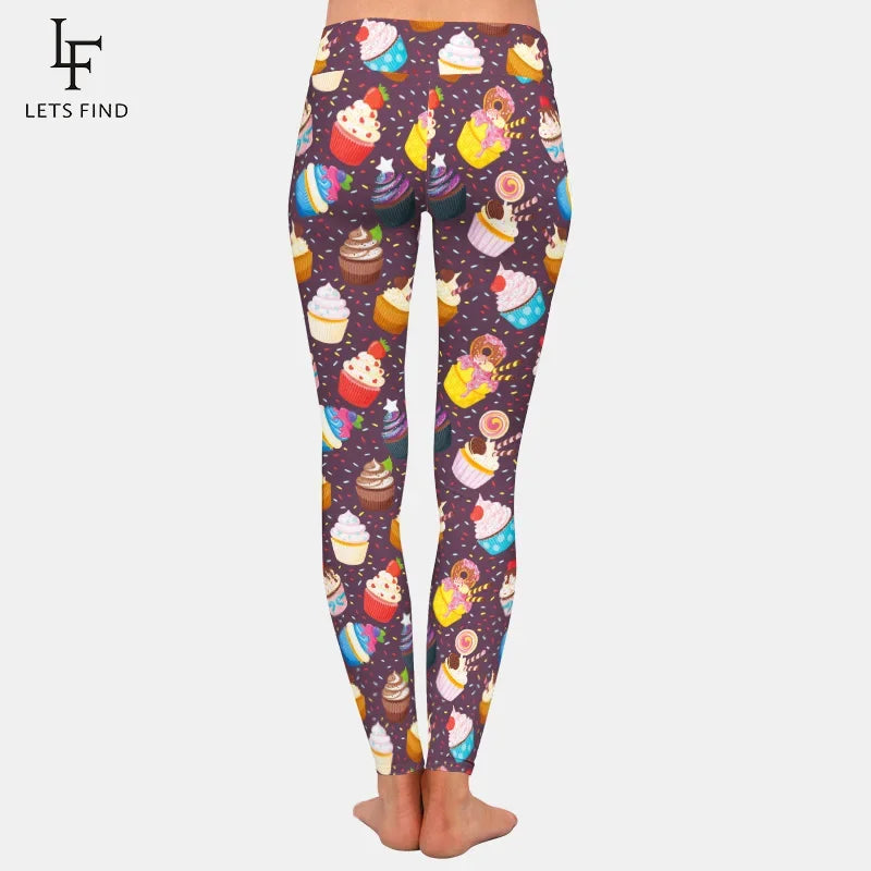 Fashion 3d Cupcakes Printing High Waist Women Leggings High Elastic Double Side Brushed Milk Silk  Woman Pants