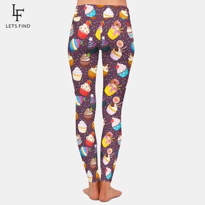 Fashion 3d Cupcakes Printing High Waist Women Leggings High Elastic Double Side Brushed Milk Silk  Woman Pants