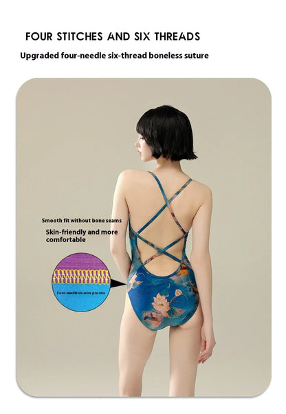 Bunny Bums Blue Flower Women Racing Swimsuit Training Special One-piece Swimsuit
