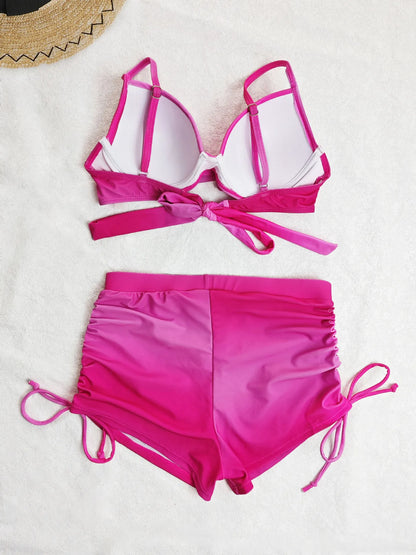 Vintage Yellow Gradient Bikini Set Swimwear Women Halter Cross Push Up Padded Bra High Waist Drawstring Side Pants Swimsuit