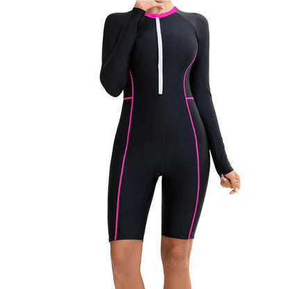 Womens Swim Leotard Long Sleeve One-Piece Swimsuit Surfing Swimwear Bathing Suit Front Zipper Jumpsuit for Summer Holiday Pool