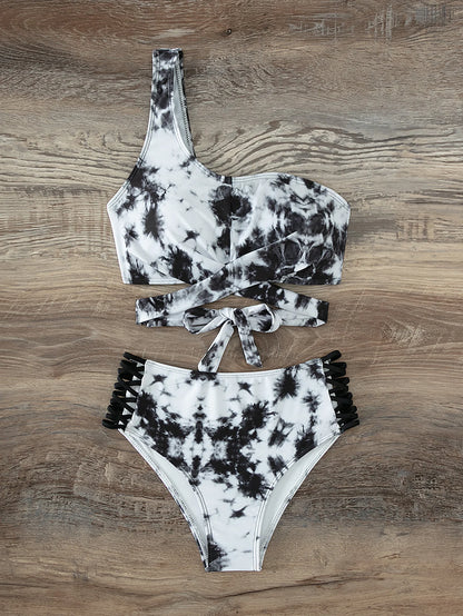 One Shoulder Bandeau Bikini Women Tie Dye Swimwear Female High Waist Swimsuit Bathers Bathing Swimming Suit Beachwear