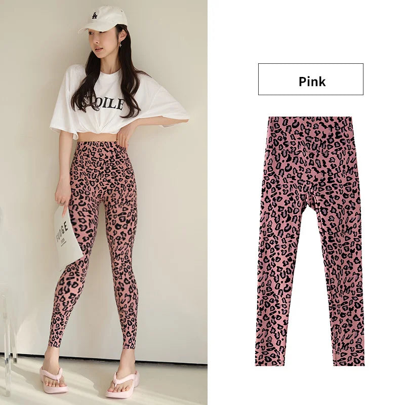 Pink Leopard Print Sharkskin Design Leggings Women High Waist Seamless Tight Sport Fitness Legging