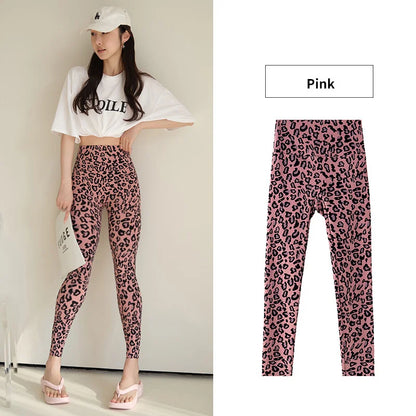 Pink Leopard Print Sharkskin Design Leggings Women High Waist Seamless Tight Sport Fitness Legging