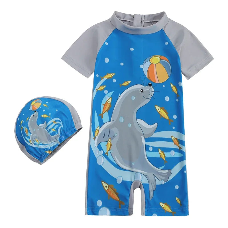 Baby Boys Girls 2pcs Summer Beach Swimwear Print Cartoon Cap+Bodysuit Infant Suit Outfit Bathing Swimsuit