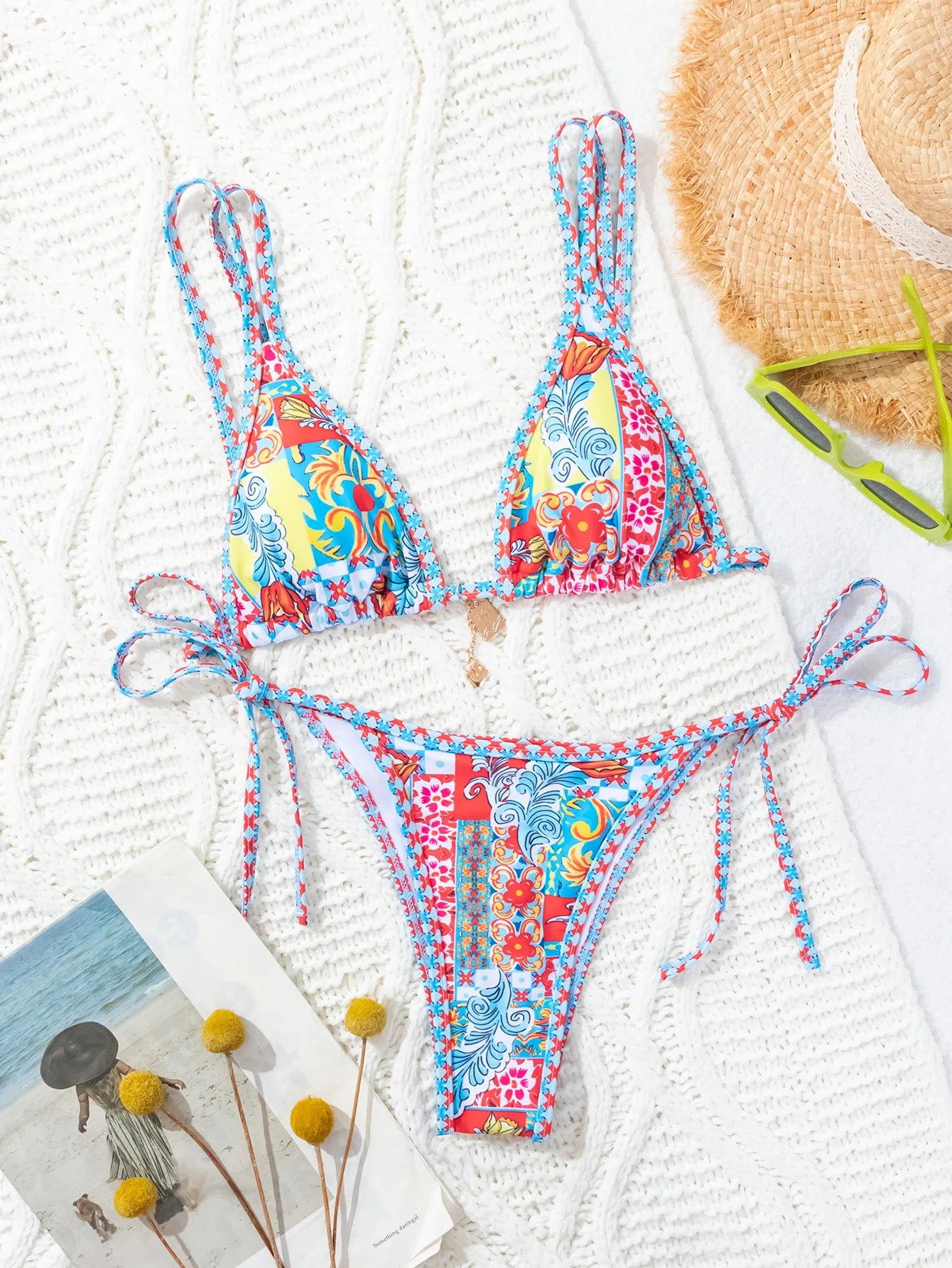 Triangle Bikini Set - Floral Print Push Up Swimsuit & Brazilian Bottoms