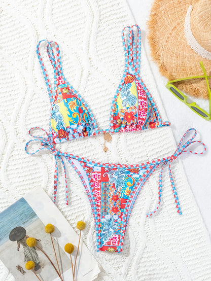 Triangle Bikini Set - Floral Print Push Up Swimsuit & Brazilian Bottoms