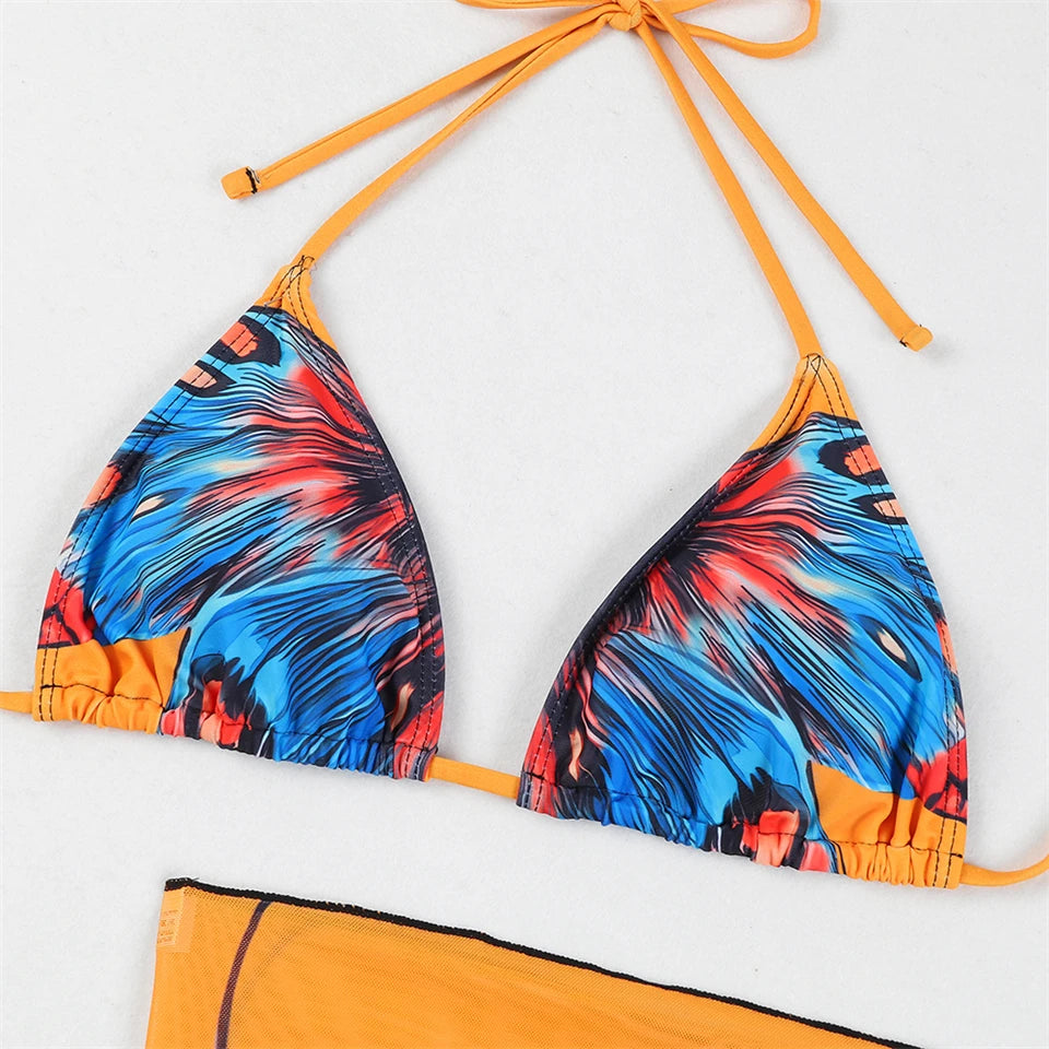 3 Pieces Bikini With Beach Skirt Butterfly Print String Bathing Suit Women Swimwear Female Swimming Swimsuit