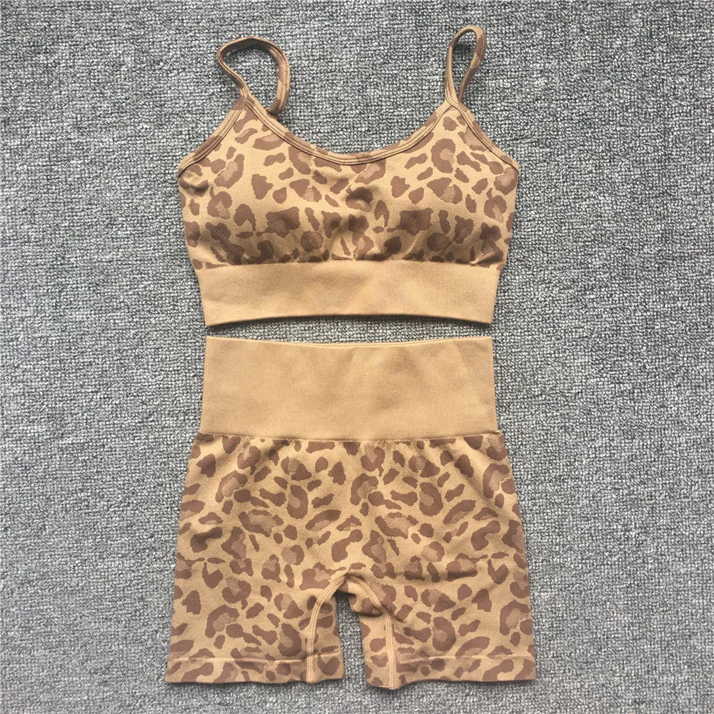 Women Fashion Leopard Printed 2 PCS Yoga Set Gym Shockproof Sports Bras Sport Leggings Running Work Out Training Suit