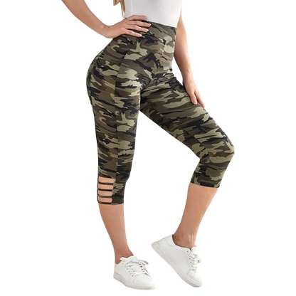 Plus Size Women's Camo Capri Leggings with Side Stripe Cutouts Stylish High Elasticity Knit Sporty  Fashionable Casual Pants