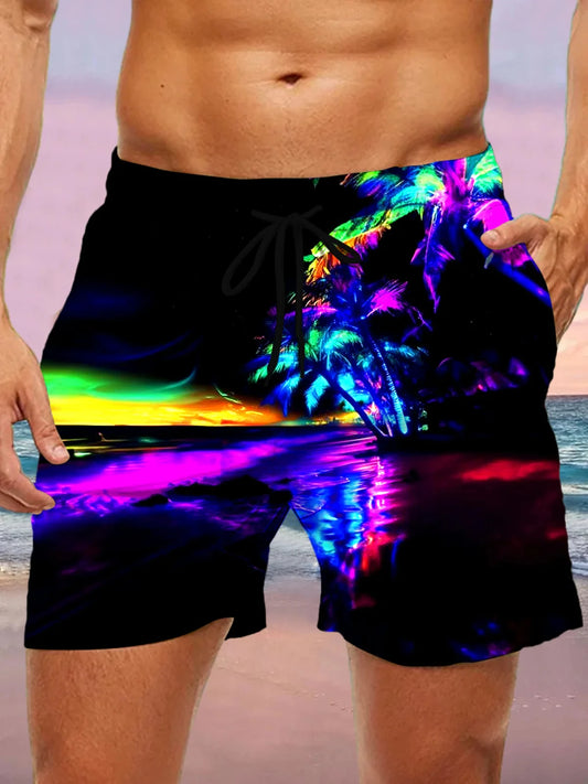 3d coconut tree stripe print men's swimsuit Japanese fish Hawaiian shorts men's summer swim shorts drawstring casual shorts