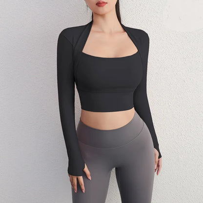 Aiithuug Padded Yoga Shirts Long Sleeve Yoga Crop Tops Low Cut Shirts Gym Shirt Workout Gym Top Insert Pads Slim Fit Sports