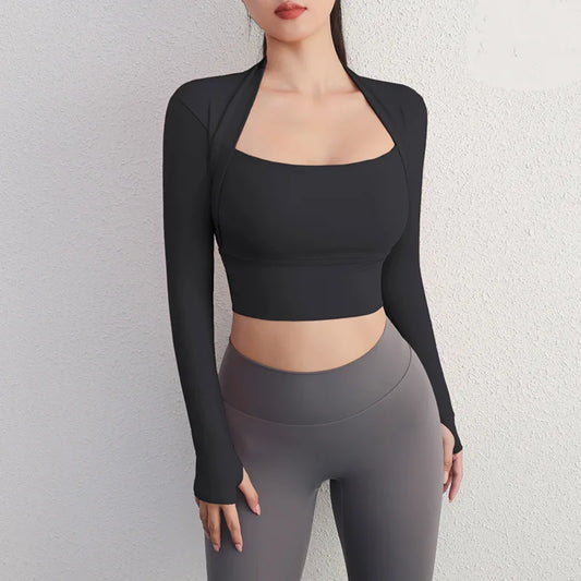Aiithuug Padded Yoga Shirts Long Sleeve Yoga Crop Tops Low Cut Shirts Gym Shirt Workout Gym Top Insert Pads Slim Fit Sports