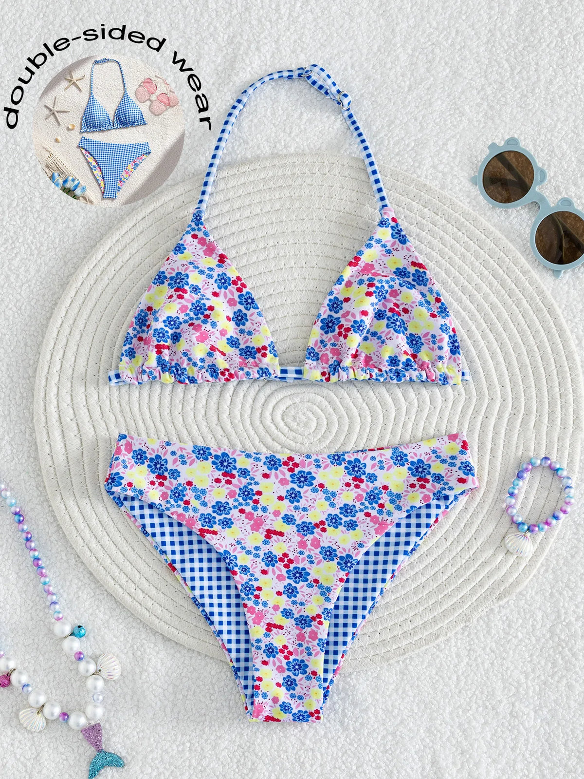 Girls' Reversible Floral & Blue Gingham Bikini Set